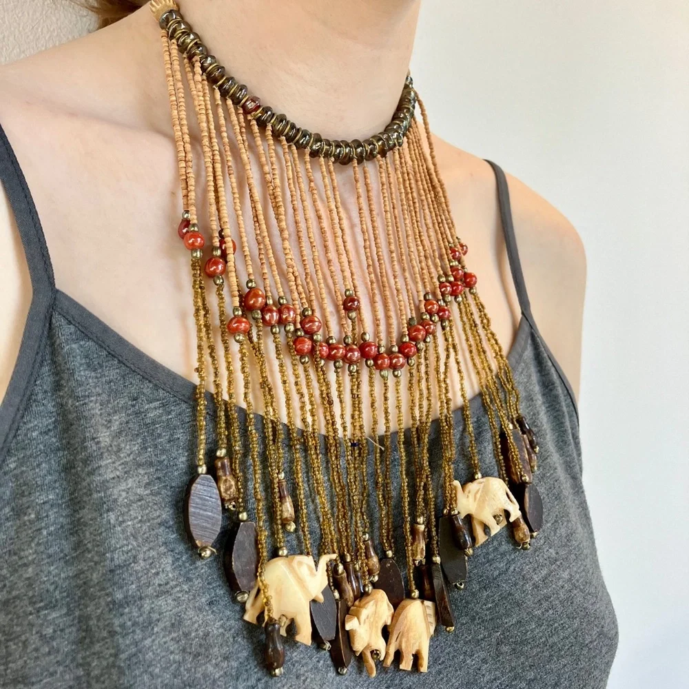 Fringed Choker with Hand-carved Bone Elephants - Vintage Boho Statement Necklace - Picture 3 of 10